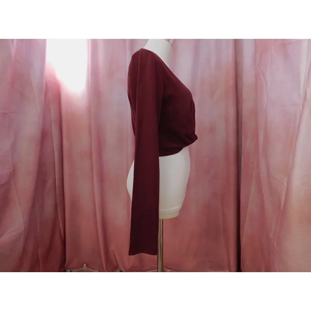 FOREVER 21 Long Sleeve Twist Crop Top Women L Burgundy Cotton Blend - Picture 5 of 8
